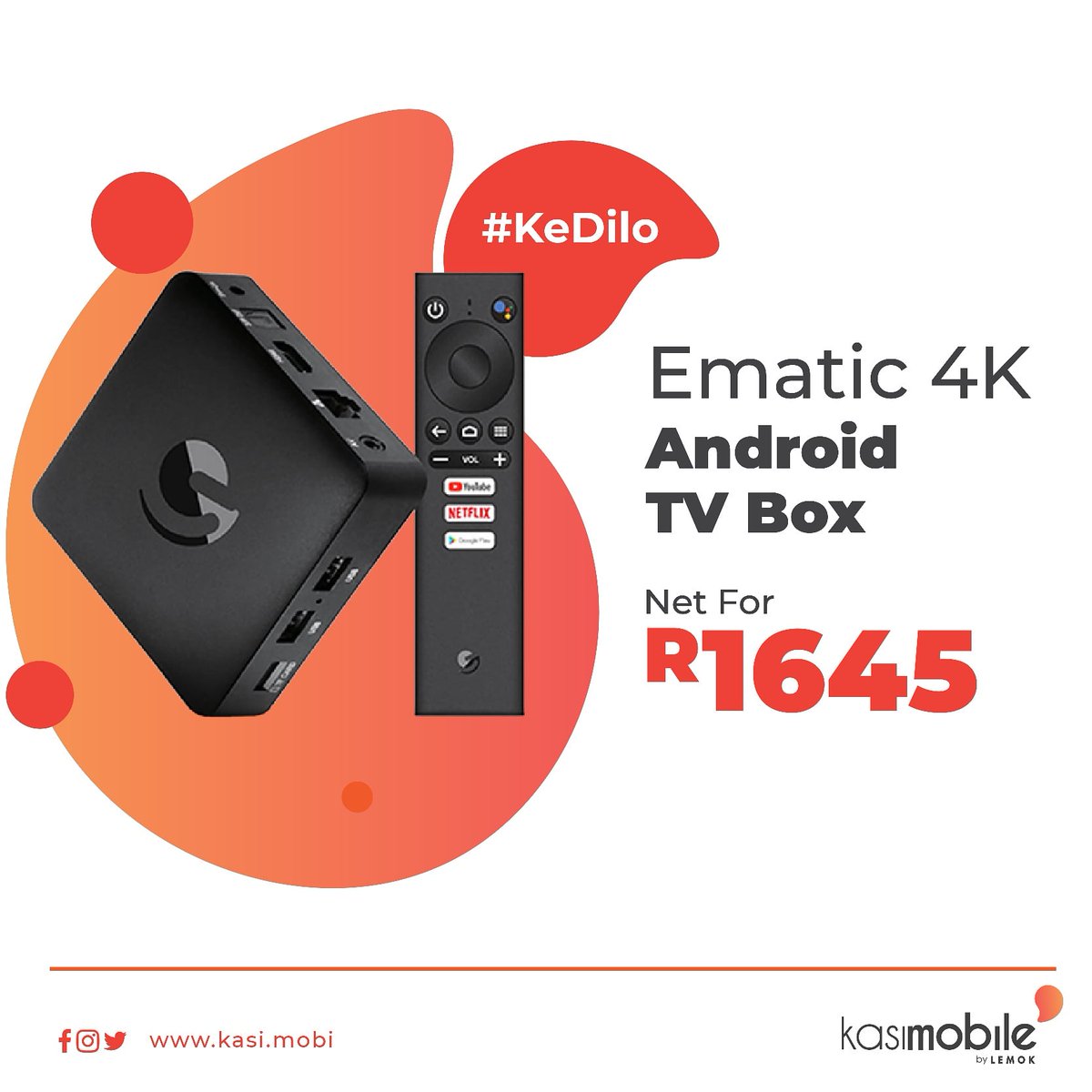 Turn your TV into a smart TV with the Ematic 4K (UltraHD) Android TV Box. Stream services such as Netflix, DSTV Now and more. 

Now available for only R1645. Cash price only.

Shop now - kasi.mobi/product/ematic…

While stocks last.