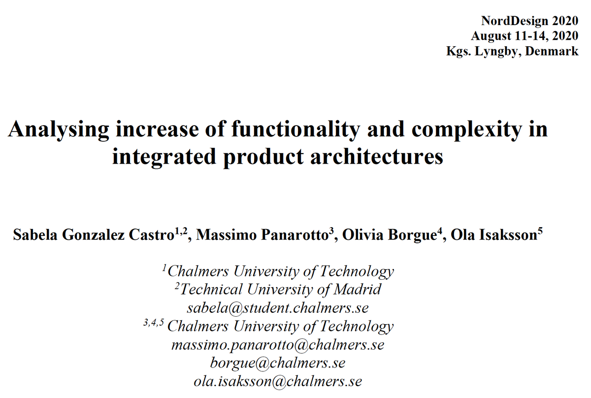Normally engineers know that when increasing the functionality of a product, complexity also increases. But how? is it exponential? is it linear? This is the topic we deal with in this research, presented today by Sabela Gonzalez Castro at #Norddesign2020: designsociety.org/publication/42…