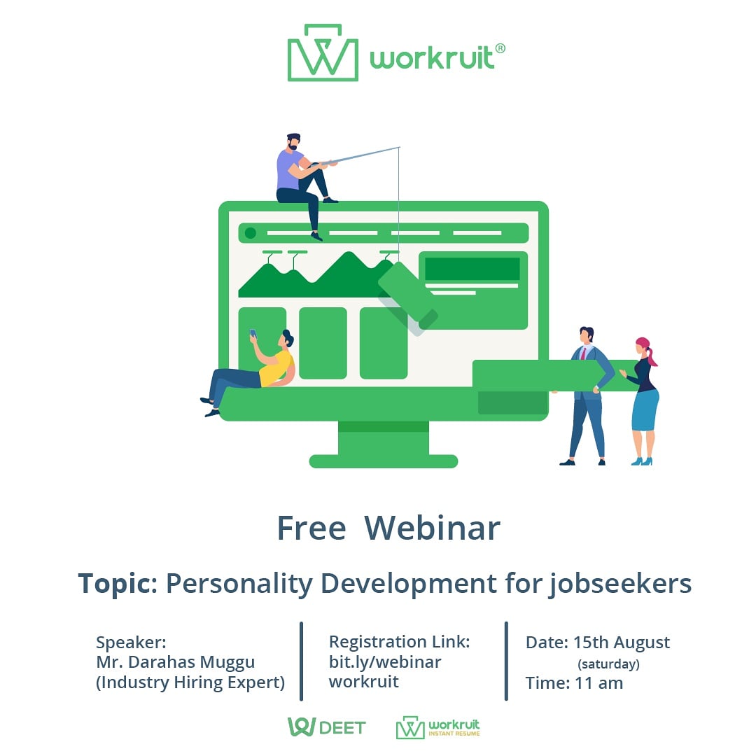 workruit's tweet photo. Attend our free webinar on *Personality development for job seekers"
Hosted by - Mr Darahas Muggu (Industry Hiring Expert)
Date: 15th August, 2020 (Saturday)
Time: 11am - 12pm
Register here: https://t.co/OchAn31LgX
#Workruit #FreeWebinar #Jobseekers #JobSearchWebinar #Jobs https://t.co/8L2n5hGFeR