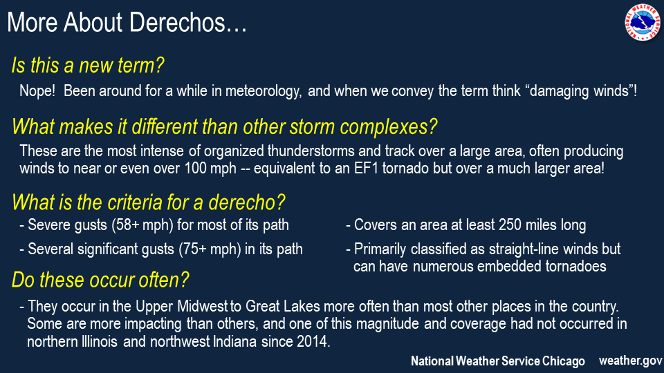 Still asking "what is a derecho"? That's ok, thankfully these don't happen often. A derecho is a long-lasting, intense complex of storms producing wind damage, some quite significant, over a large area. This region sees 1-2 a year, though Monday's was a rarer higher end one.