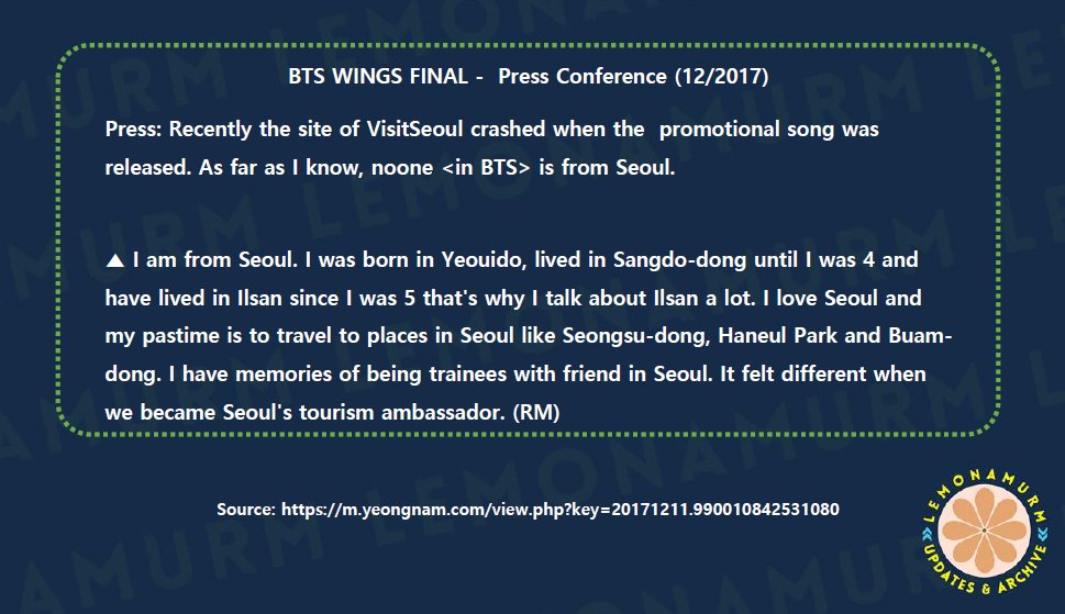 Rm Updates Archive Dont Butter On Twitter Bts Wings Tour Final Press Conference 2017 I Am From Seoul I Was Born In Yeouido Lived In Sangdo Dong Until