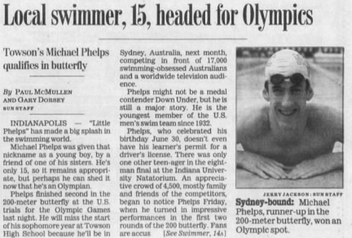 20 Years Ago Today: <a href="/MichaelPhelps/">Michael Phelps</a> qualifies for his first Olympics. Love the Baltimore Sun headline. Love the race call from <a href="/DanHicksNBC/">Dan Hicks</a> and <a href="/RowdyGaines/">Rowdy Gaines</a> and the <a href="/andijoyce/">andrea joyce</a> interview. Watch the time-capsule TV highlight from that night here: olympics.nbcsports.com/2020/08/12/mic…
