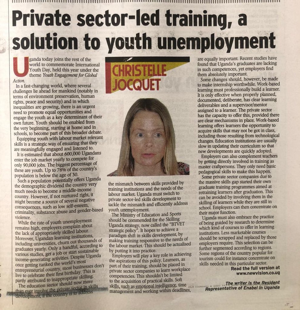 EnabelinUganda's tweet photo. “The education sector should now more than ever involve the private sector in skills development if the country is to address the skills mismatch.”

Resident Representative Christelle Jocquet today in the @newvisionwire  discusses the solution to youth unemployment #IYD2020. https://t.co/uwWp6SsARC