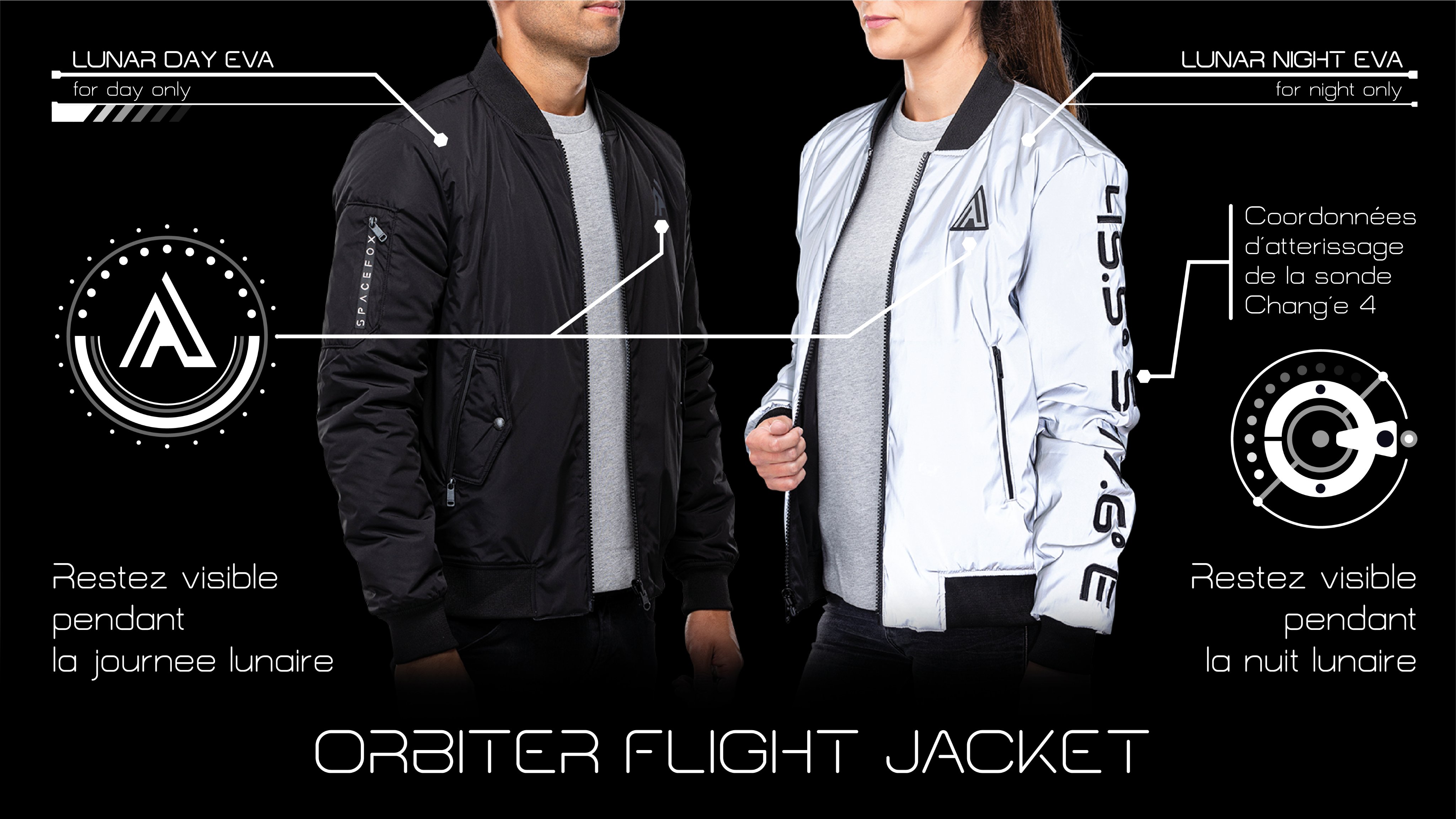Spacefox on X: 🚀 L'Orbiter Flight Jacket est une pièce réversible dont  chaque côté fait référence à une face de la Lune. 🌑Côté noir pour rester  visible pendant la journée lunaire, 🌕Côté