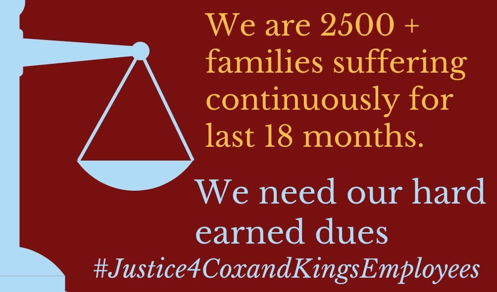 PrashantSalkar6's tweet photo. #Justice4CoxandKingsEmployees Kindly help us in getting hard earned money💰. Please help us to support our families who   are struggling with us to survive @PMOIndia @OfficeofUT @ABPNews @justice4CNKEEA @tourismgoi https://t.co/vpCu4M4mJk