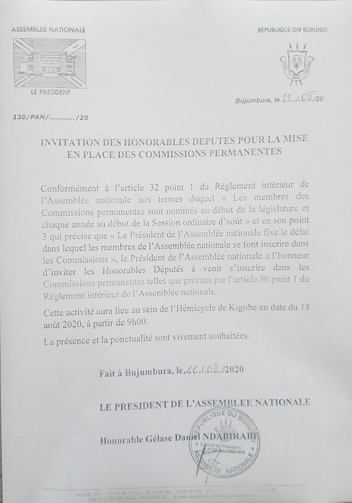 #Burundi Demain Jeudi le 13 Août, tous les députés sont invités à l' hémicycle de Kigobe pour la mise en place des commissions permanentes.