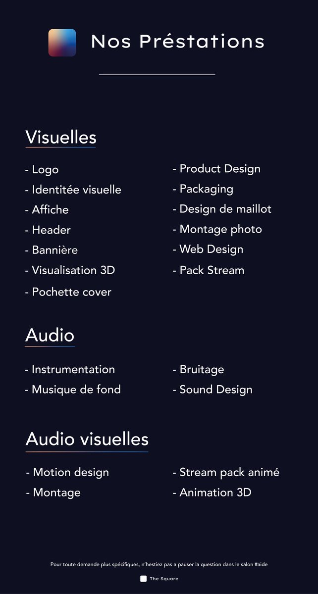 TheSquare_stdio's tweet image. Voici nos prestations, elles ne sont pas gratuites (le prix est dépend du temps nécessaire pour la création de votre demande). Pour plus de détails n'hésitez pas à nous contacter par message privé ou par e-mail : thesquarestudio.contact@gmail.com