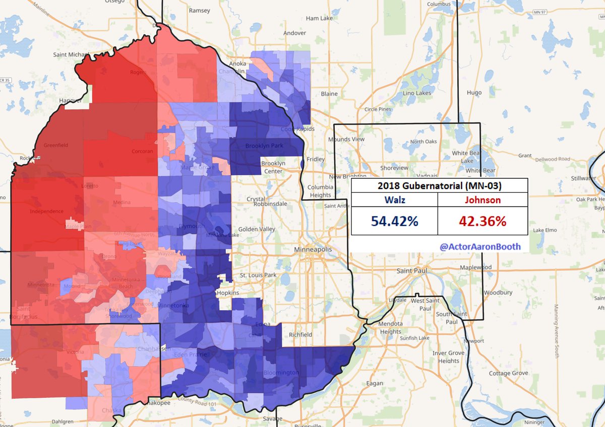 The 2-party Gubernatorial primary vote in 2018 was also pretty lopsided before a considerably tighter November. So, I wouldn't expect November to look anything like the 2-party in  #MN03 primary though the DFL will do well there.  #MNPol