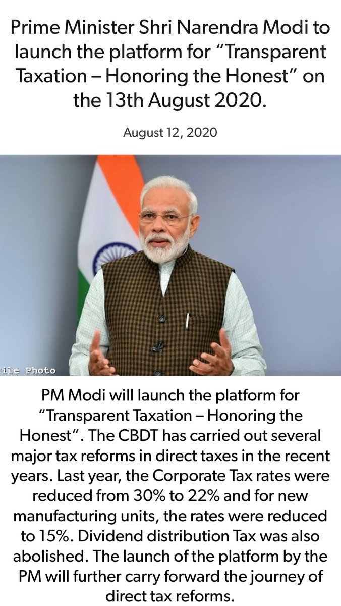 PM ⁦<a href="/narendramodi/">Narendra Modi</a>⁩ to launch the platform for “Transparent Taxation – Honoring the Honest” on 13th August 2020.

nm-4.com/m0j9

via NaMo App