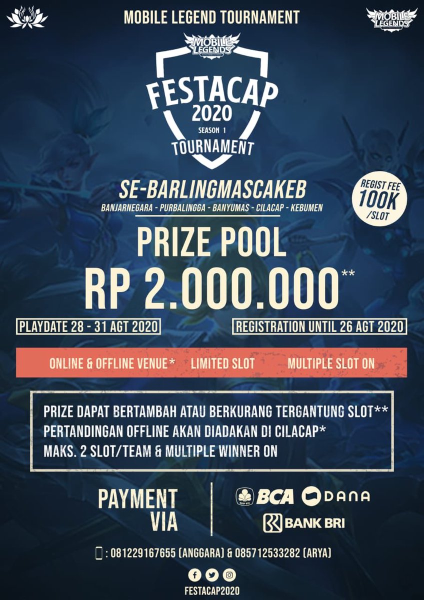 Festacap2021's tweet photo. Pendaftaran E-sport Mobile Legend Festacap 2020 di perpanjang!!! Buruan daftarkan Tim mu sekarang!!!

#Festacap #FESTACAP2020 #CilacapBercahaya #infotournament #infotournamentml #infomlbb #mobilelegends
#tournamentmobilelegends #tournamentmlbb
#mobilelegendsindonesia https://t.co/CV9IjfGljV