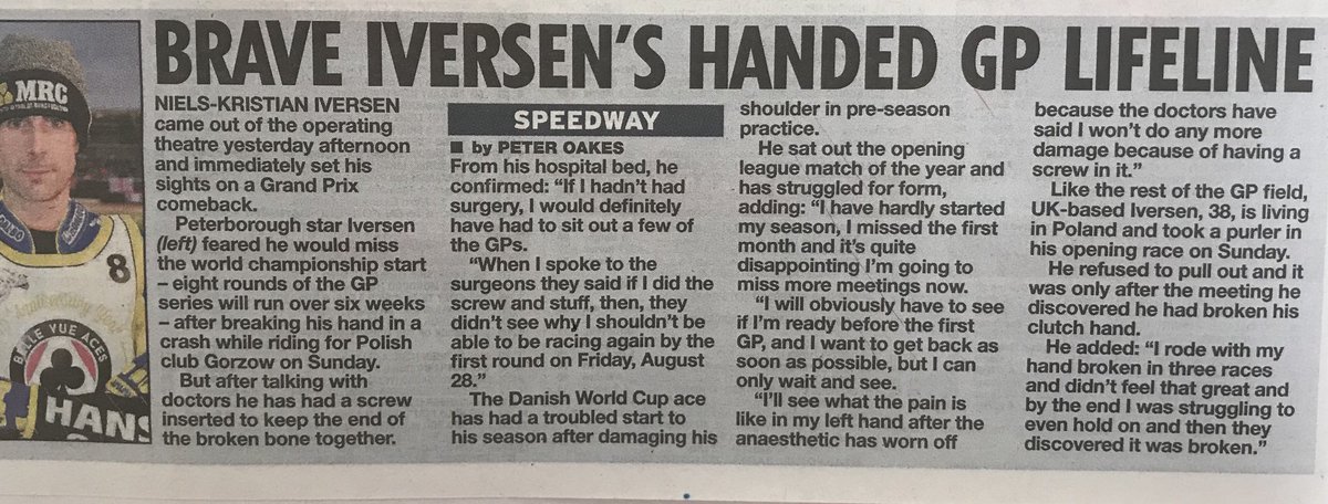oakes_pe's tweet photo. Exclusive interview with ⁦@doniversen⁩ in today’s ⁦@DailyStar_Sport⁩ as he goes under the knife to meet ⁦@SpeedwayGP⁩ comeback deadline https://t.co/fKw9H0leSW