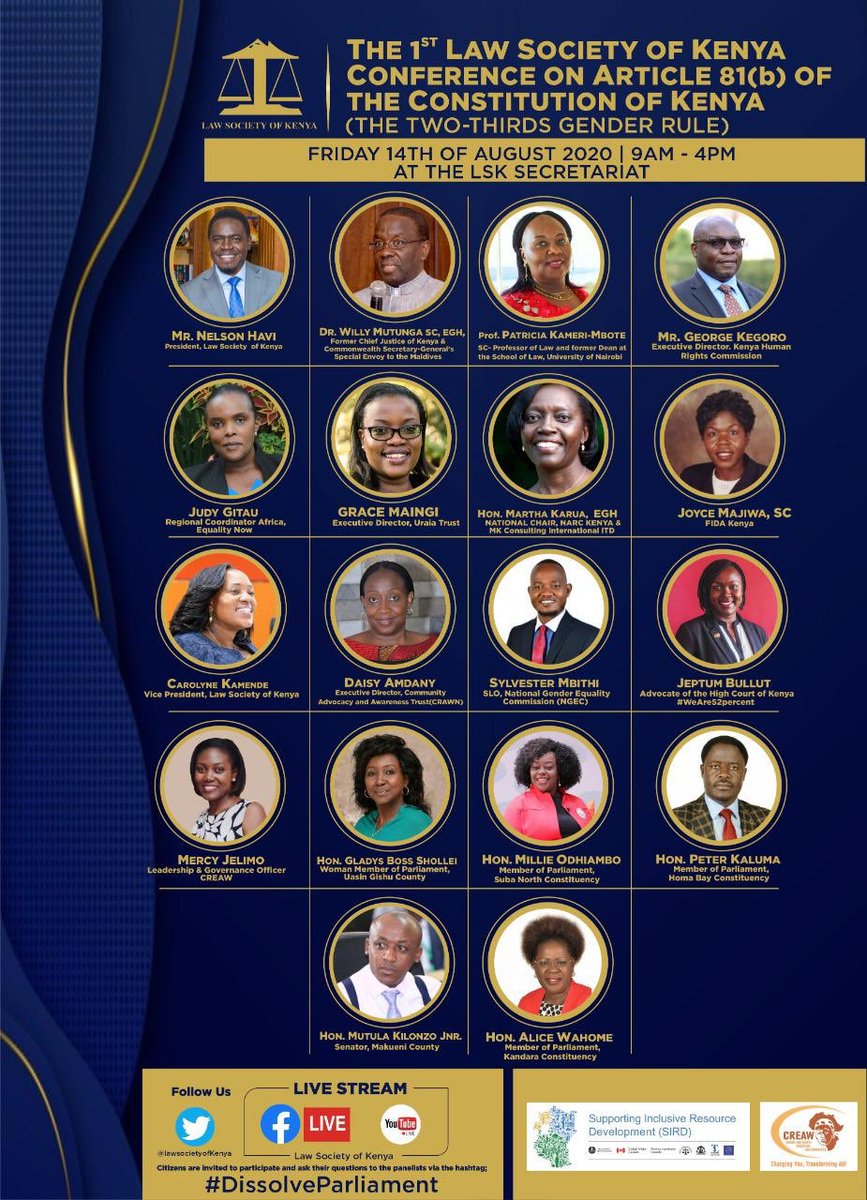 Law Society of Kenya (@lawsocietykenya) on Twitter photo The Constitution turns 10 years old on 27.8.2020. A fundamental aspect not implemented is the two-thirds gender rule. High Court has ordered the Chief Justice to initiate dissolution of Parliament. Join us on 14. 8.2020 to understand why the President must #DissolveParliament. The Constitution turns 10 years old on 27.8.2020. A fundamental aspect not implemented is the two-thirds gender rule. High Court has ordered the Chief Justice to initiate dissolution of Parliament. Join us on 14. 8.2020 to understand why the President must #DissolveParliament.