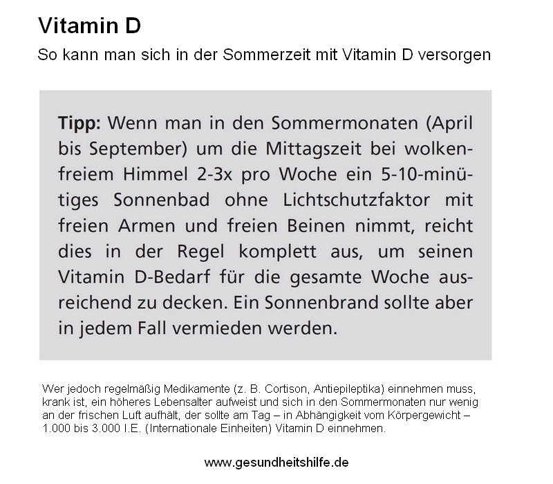 Vitamin D - Große Teile der Bevölkerung sind nicht ausreichend versorgt. Im Sommer kann man sich durch kurze Sonnenbäder mit diesem wichtigen Vitamin versorgen. Aber immer aufpassen vor zu großer Hitze und Sonnenbrand. Mehr zum Thema: gesundheitshilfe.de/gesundheit-az/…