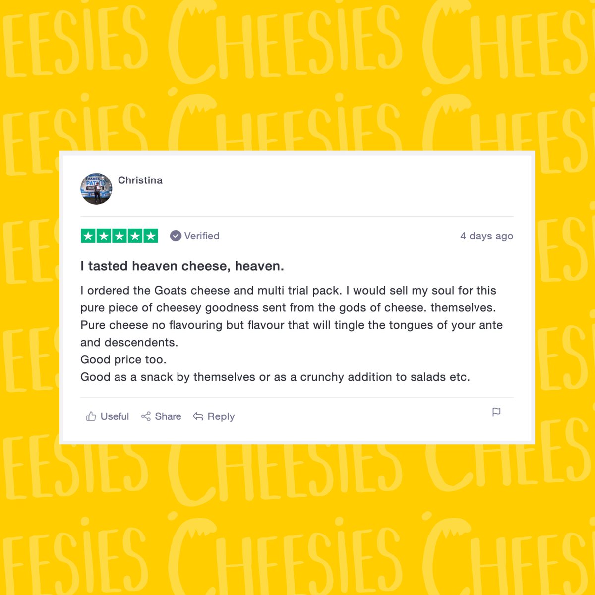 SnackCheesies's tweet photo. ✅ CHEESIES X TRUSTPILOT ✅
In a very short space of time, we've racked up nearly 400 reviews on @Trustpilot, and now have an 'excellent' score with a 4.8* rating. Not bad right?
#Cheesies #cheesesnack #newsnack #trustpilot #ketosnack #GFsnack https://t.co/364DxvsRpS