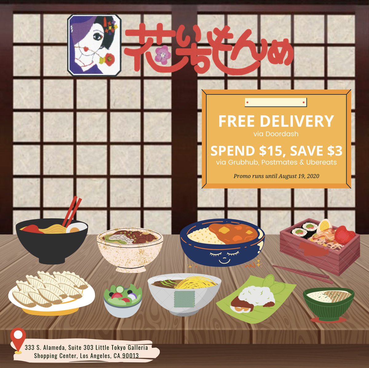 Hanaichimonme7's tweet photo. Enjoy FREE DELIVERY on your first order via Doordash and get $3 OFF $15 when you book thru Grubhub, Postmates &amp; Ubereats.
Valid for a limited time only.
#hanaichimonmeusa #littletokyola #lafoodie #doordashpromo #postmatespromo #grubhubpromo #ubereatspromo #supportsmallbusinesses https://t.co/47AvUuW7pG