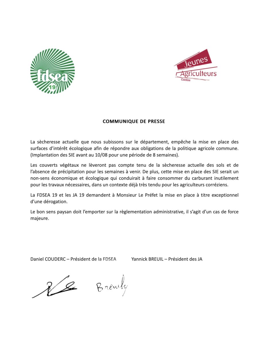 [ACTU SYNDICALE] 
#sécheresse #agriculture #correze  

La sécheresse empêche la mise en place des SIE.   

La <a href="/FdseaCorreze/">FDSEA Correze</a> et les <a href="/CorrezeJa/">Jeunes Agriculteurs de la Corrèze</a> demandent une dérogation à titre exceptionnel au <a href="/Prefet19/">Préfet de la Corrèze</a>

PLUS D'INFOS 👇