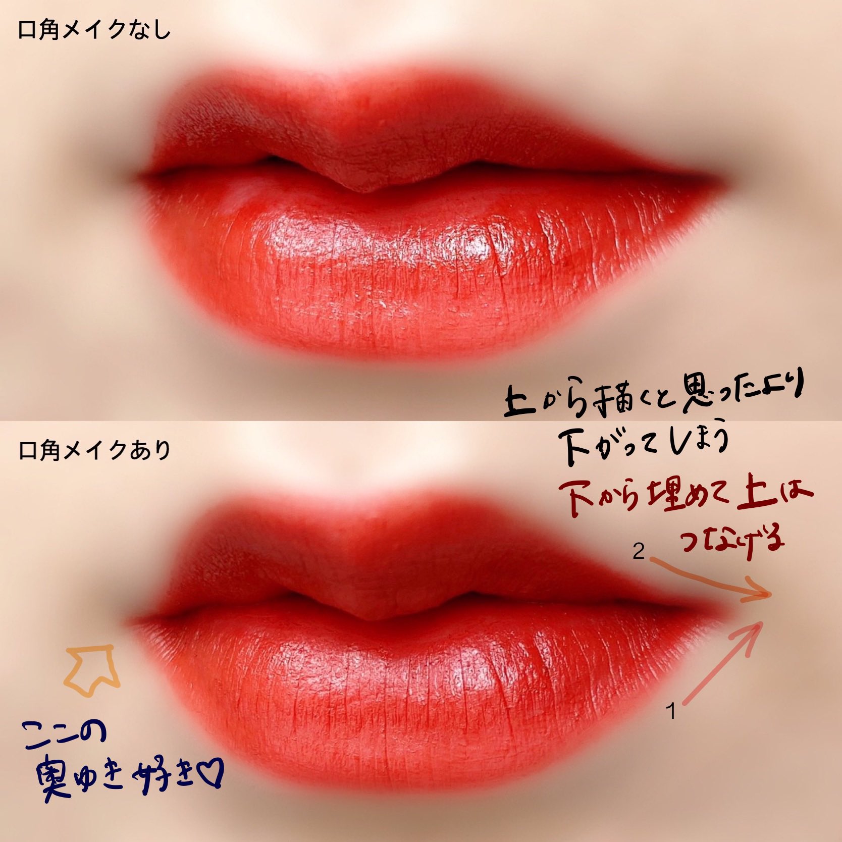 ちこえ 濃いリップ塗るなら口角メイクのすすめ パッとしないと感じた時は口角を描いてみるのもあり 上と下の写真の違いは口角にくの字線をリップペンシルで後から足しただけ コンシーラー無し 初心者さんは 下唇から 描こう 口半開きでほっぺの肉を