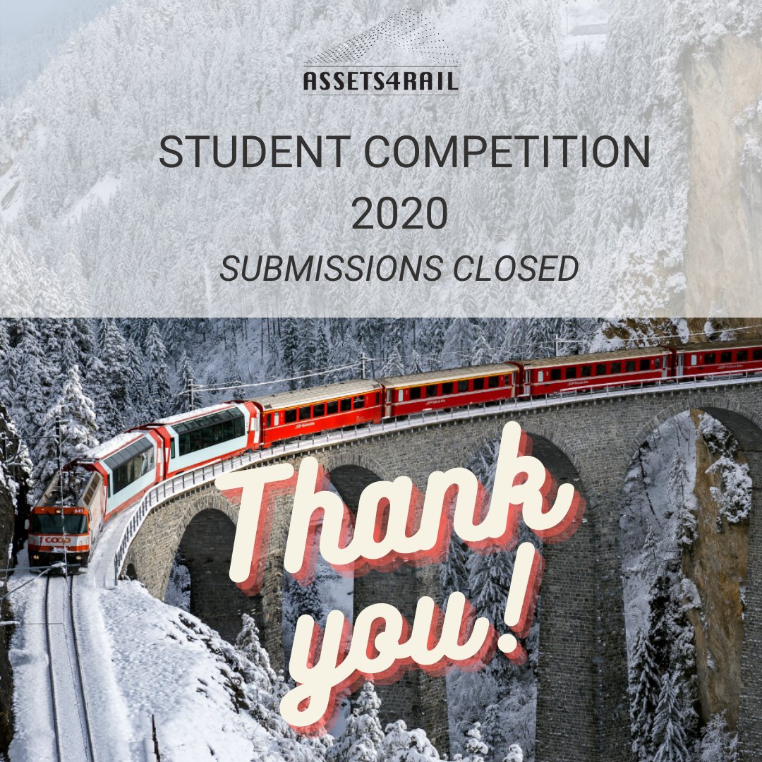 The #assets4rail #studentcompetition is closed for submissions. Thank you to the students willing to participate. We have gotten your applications and we will communicate the results on the 31.09.2020.  #A4Rstudentcomp2020 #phd, #student, #futurerailways, #shift2rail, #railways