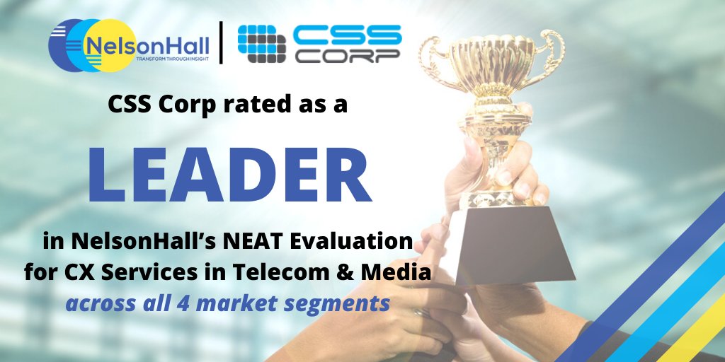movate_inc's tweet image. #AnalystRecognition - A clean sweep across all categories!
@CSSCorp has been rated as a Leader in @NHInsight's NEAT Vendor Evaluation 2020 for CX services in Telecom & Media across all 4 market segments: hubs.ly/H0txy1J0
#customerexperience #recognitionawards @IvanK_NH
