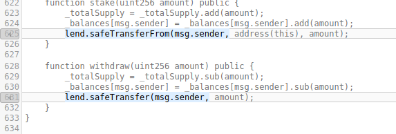 Line 625-631: safeTransferFrom() is called on the LEND token. No impact on security