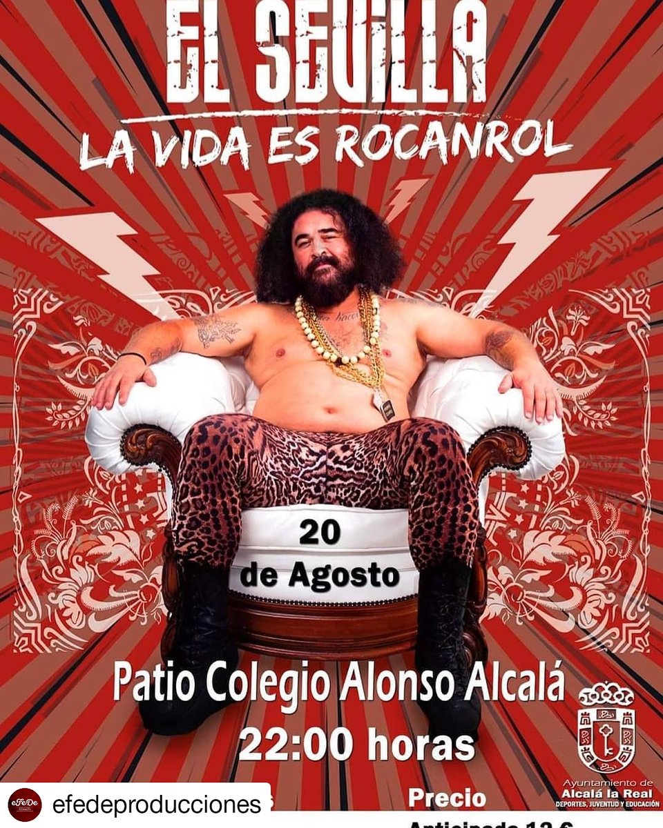 💥💥20 de Agosto 💥💥
<a href="/MiguelelSevilla/">Miguel el Sevilla</a> acturará a las 22h con su monologo "LA VIDA ES ROCANROL" ya por su segunda temporada en el PATIO COLEGIO ALONSO ALCALÁ #AlcalálaReal

Entradas ya a la venta :

entradas.alcalalalareal.es

Anticipada: 12€
Taquilla : 15€

LA VIDA ES ROCANROL !