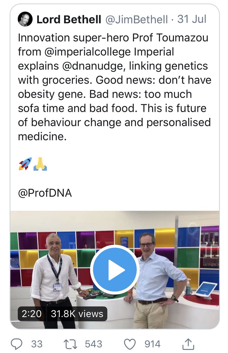 Here, by the way is Lord Bethell, Parliamentary Under-Secretary of State for Innovation at the Department of Health and Social Care prompting DNA Nudge earlier this year, also spouting some genetic astrology waffle.