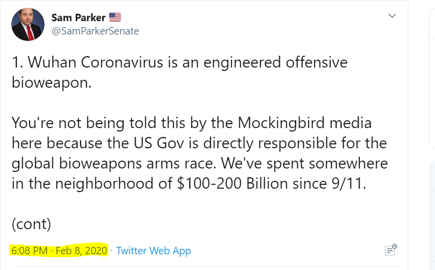 7. And here's that original thread on  #Coronavirus being a b-i-0 wea- p0N. How many ways has it been used as a weap- 0n against us? Can we count that high?February 8th, friends. Sound off if you've been with me since then!  https://twitter.com/SamParkerSenate/status/1226311942354042880