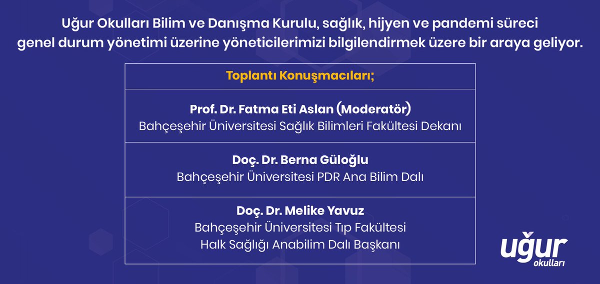 Uğur Okulları Bilim ve Danışma Kurulu, sağlık,hijyen ve pandemi süreci genel durum yönetimi üzerine yöneticilerimizi bilgilendirmek üzere bir araya geliyor.Bahçeşehir Üniversitesi'nin hem akademik hem de tedbirlerle ilgili desteği ile yeni döneme hazırız!🏆
🗓 12.08.2020
🕑 13.00