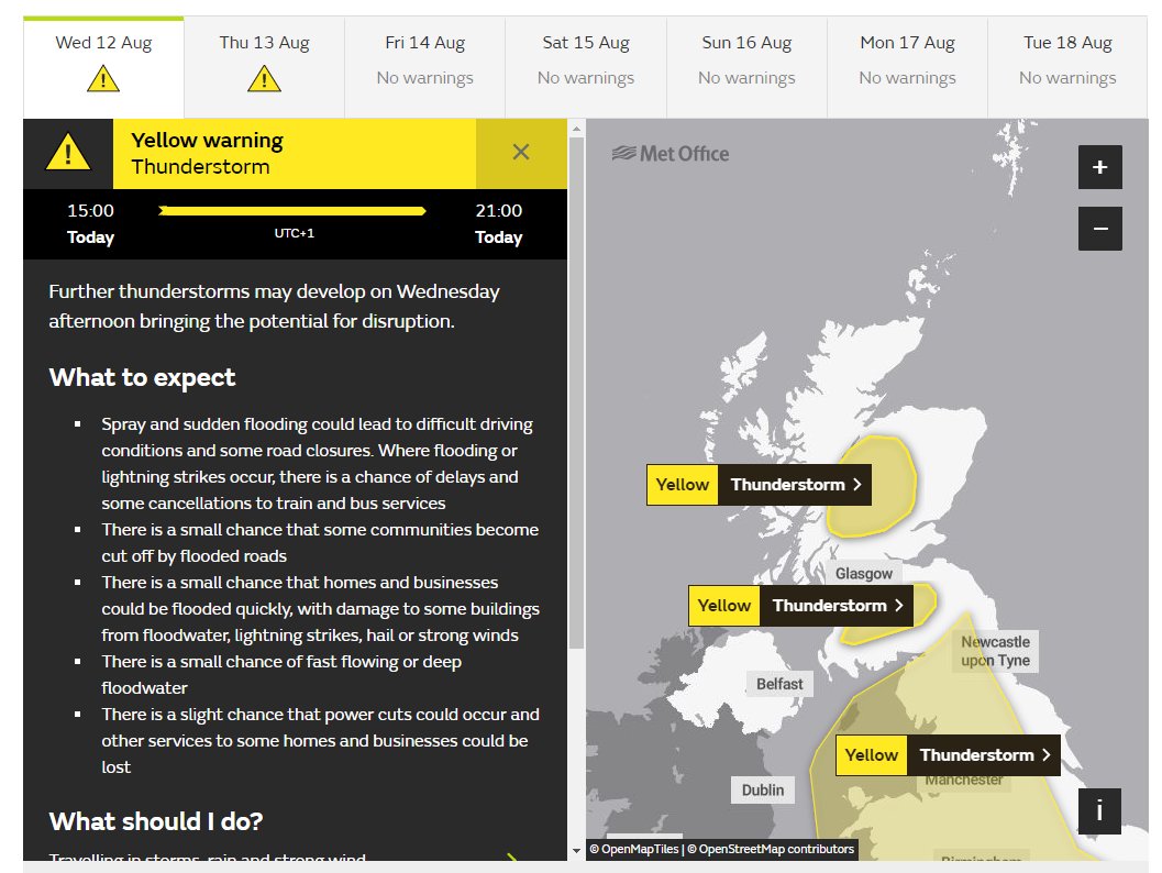 trafficscotland's tweet photo. ⚠️YELLOW WEATHER WARNING⚠️

The @metoffice have issued a YELLOW weather warning for  THUNDERSTORMS ⛈️

In place until 21:00 tonight (Wednesday 12th August)

Full information can be found here👉 https://t.co/WKThibTGOk https://t.co/Gbuynrigld