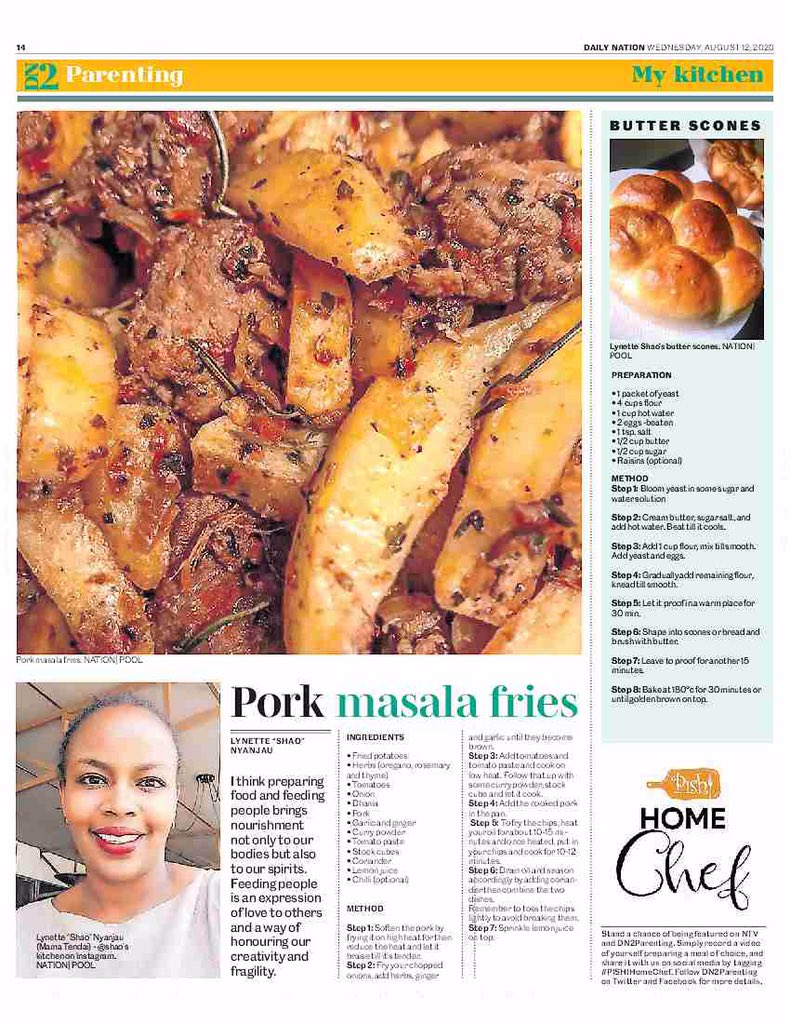 PishiBomba's tweet photo. Congratulations to this week’s first #PISHIHomeChef Lynette "Shao" Nyanjau (@shaos_kitchen on Instagram). Shao was featured on @dailynation’s DN2 Parenting column today as she not only shared her butter scones recipe ,but also an absolutely delicious pork masala fries 🍟one. https://t.co/AbZKTDikX6