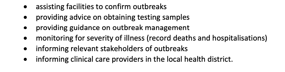 So, according to this "national plan," facilities are responsible for managing outbreaks. The regulator does its usual job, i.e., handles complaints and considers accreditation standards (especially as pertaining to infection control). State authorities will provide advice, incl: