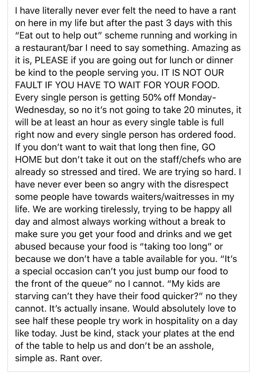 this facebook post puts how i feel about working in a restaurant during the absolute scenes caused by the eat out to help out scheme
