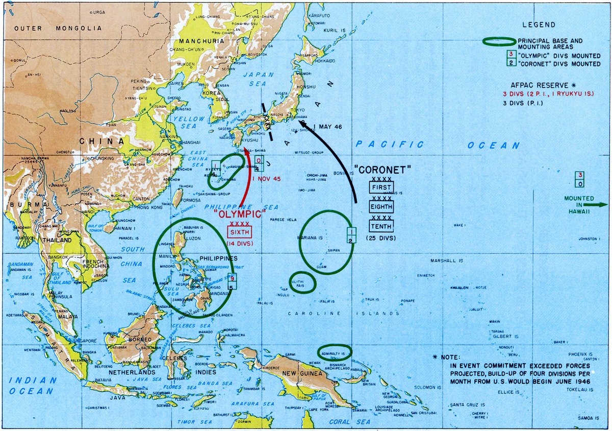 Re the Atomic Bomb debate: initial plan for invading Japan in late 1945 assumed a lodgement by 4 separate Allied Armies, heavily-opposed, to be reinforced in Jun 1946 by 4 Divisions per month. Note MacArthur's plans & estimate in official US Army history: https://history.army.mil/books/wwii/MacArthur%20Reports/MacArthur%20V1/ch13.htm