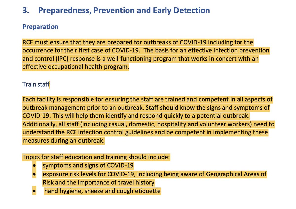 The document places a LOT of faith placed in providers to come up with appropriate training for staff and to self-prepare for COVID. Which is probably why we've seen such uneven outcomes across the sector, uneven training, uneven preparedness  #auspol  #agedcarerc