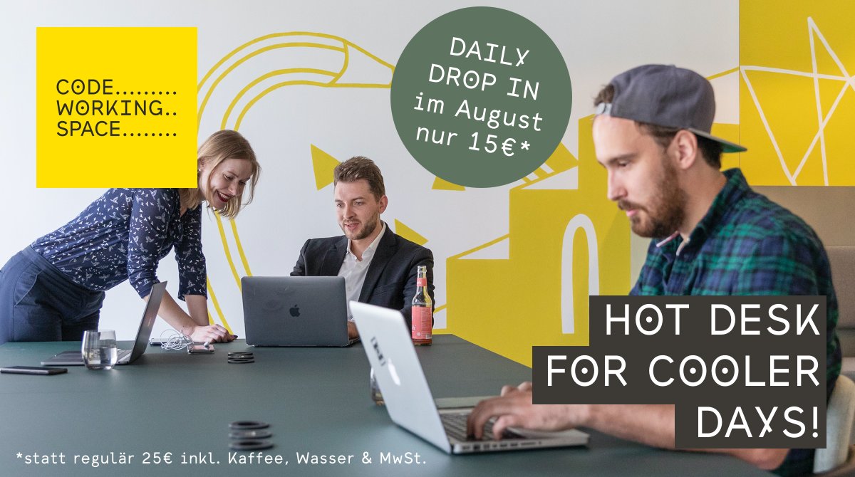 Code Working Space (@codeworkinghh) on Twitter photo Heiß - heißer - Hot Desk!
Im August bieten wir unsere Tagestickets zum Sommerpreis von 15€ an; Wifi, ☕️ (& 🧊!) inkl. - Montag bis Freitag, 9-17 Uhr.
Anmeldung: moin@codeworking.space
Wir freuen uns auf Euch!
#coworking #hamburg #hotdesk #summerdeal #techhamburg #codeworking Heiß - heißer - Hot Desk!
Im August bieten wir unsere Tagestickets zum Sommerpreis von 15€ an; Wifi, ☕️ (& 🧊!) inkl. - Montag bis Freitag, 9-17 Uhr.
Anmeldung: moin@codeworking.space
Wir freuen uns auf Euch!
#coworking #hamburg #hotdesk #summerdeal #techhamburg #codeworking
