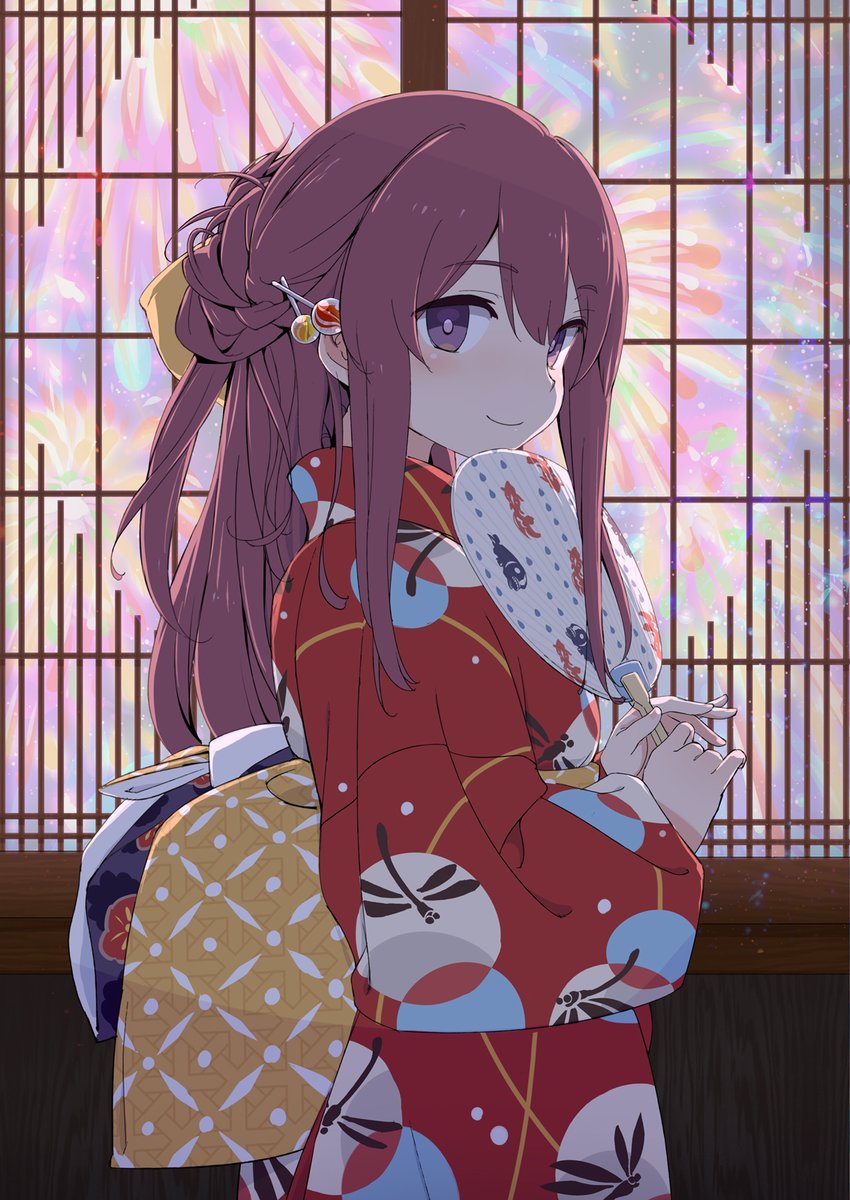 kamikaze (kancolle) 1girl japanese clothes kimono solo long hair red kimono purple eyes  illustration images