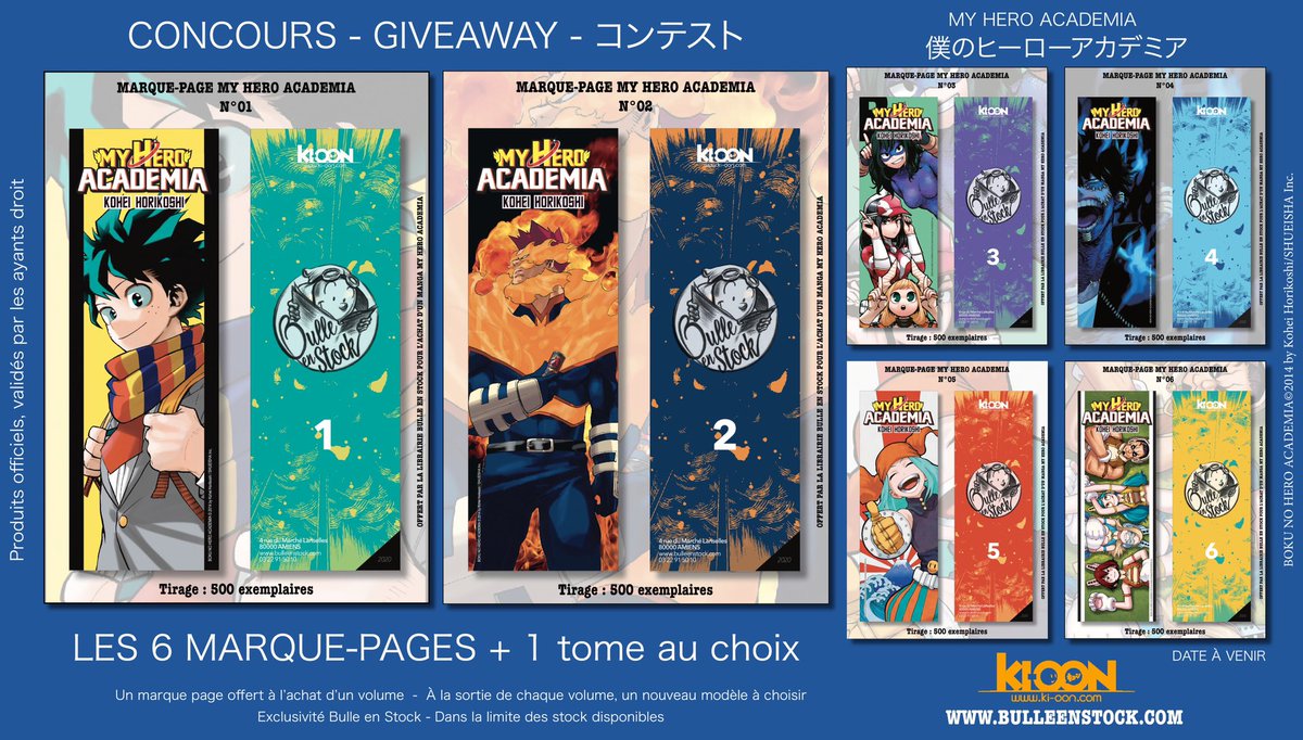 BulleEnStock's tweet photo. 🎁 CONCOURS 🎁 

↪️ RT + Follow @BulleEnStock et @ki_oon_Editions pour remporter :

6 marque-pages collector ainsi qu’un tome de votre choix de @myheroacademia 

 📆 Tirage au sort le samedi 22 août !

Tous nos MP par ici :
https://t.co/NzRRYa3cR7

- Concours ouvert au monde  - https://t.co/1Rq4S64L05