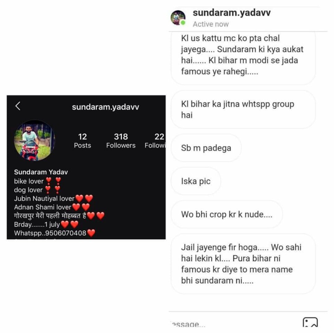 Andy00786's tweet photo. @Uppolice @gorakhpurpolice @dgpup माननीय सुंदरम यादव नाम का एक शख्स वरिशा सिराज नाम की एक लड़की को रेप की धमकियां और उसकी Images को मॉर्फ़ कर के इंटरनेट पर डालने की धमकियां दे रहा है। कृपया उचित संज्ञान लेकर कार्यवाही करें। https://t.co/bUNKb7SBRl