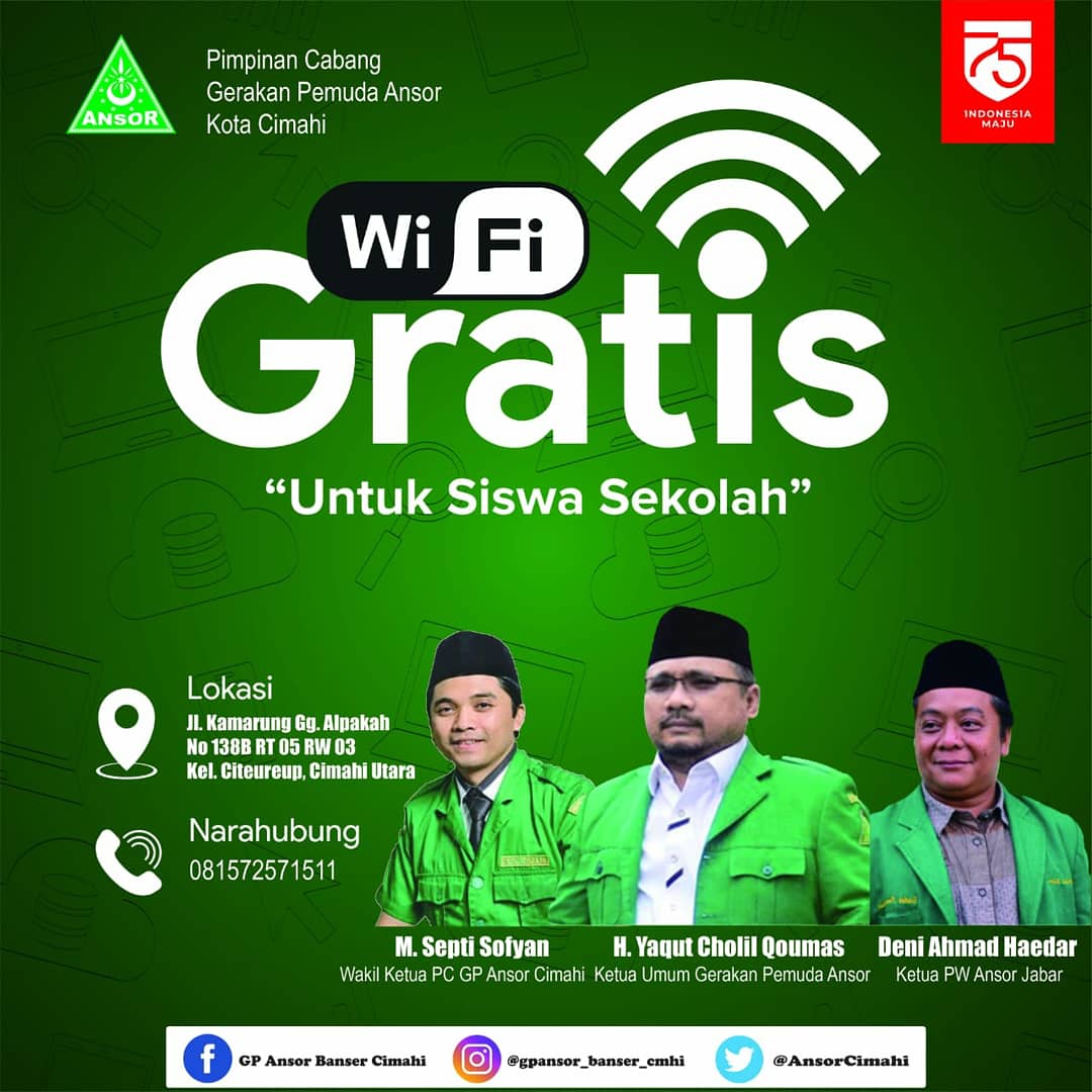 Sebagai bentuk upaya membantu pendidikan yang sedang memprihatinkan, PC Gerakan Pemuda Ansor Kota Cimahi Memberikan Fasilitas Wifi Gratis untuk meringankan Beban para siswa sekolah.
#AnsorPeduliPendidikan
<a href="/gusyaqut/">Gus Yaqut</a> 
<a href="/ansor_satu/">yaqut cholil qoumas</a> 
<a href="/Official_Ansor/">Gerakan Pemuda Ansor</a>
@adung618 
<a href="/kangzaman/">Muhammad Q</a>