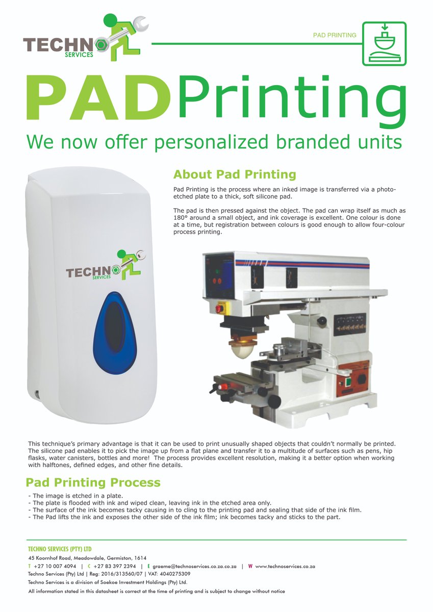 TechnoServices9's tweet photo. Happy Wednesday everyone.🤠
Pad Printing is the process where an inked image is transferred via a photo etched plate to a thick, soft silicone pad. 
Contact us on 0117084773.
Based is Cape Town, Durban and Johannesburg https://t.co/mxnwIhrRcC