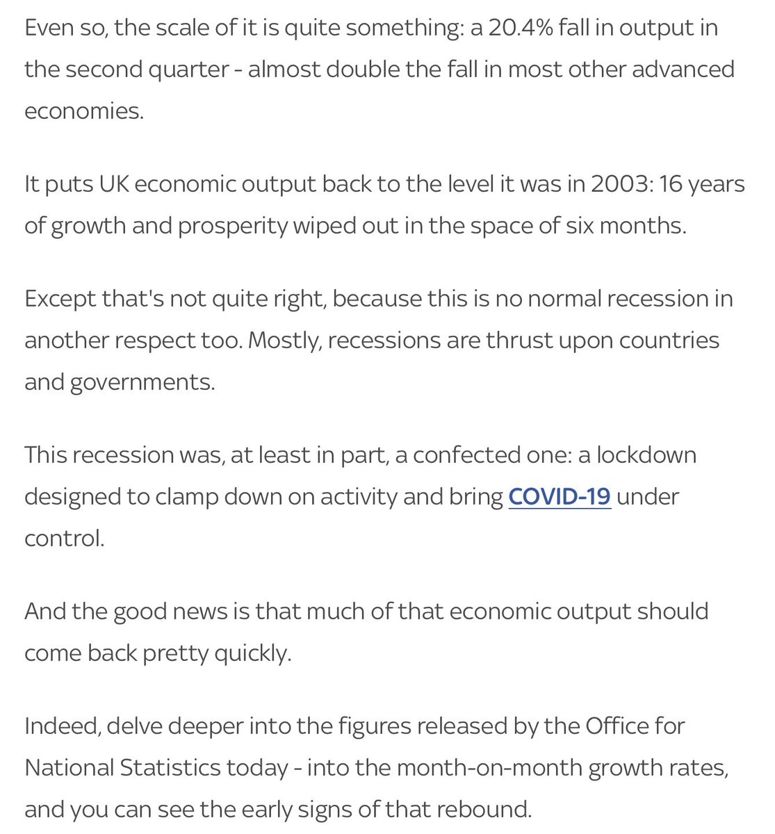 Not just any recession. A recession unlike anything we've seen before and anything we will probably see again.That's bad news, but it's also good news.My  @skynews analysis on today's GDP figures, and why none of the usual rules apply this time around:  https://news.sky.com/story/coronavirus-the-scale-of-this-economic-contraction-is-unlikely-ever-to-be-repeated-12047575