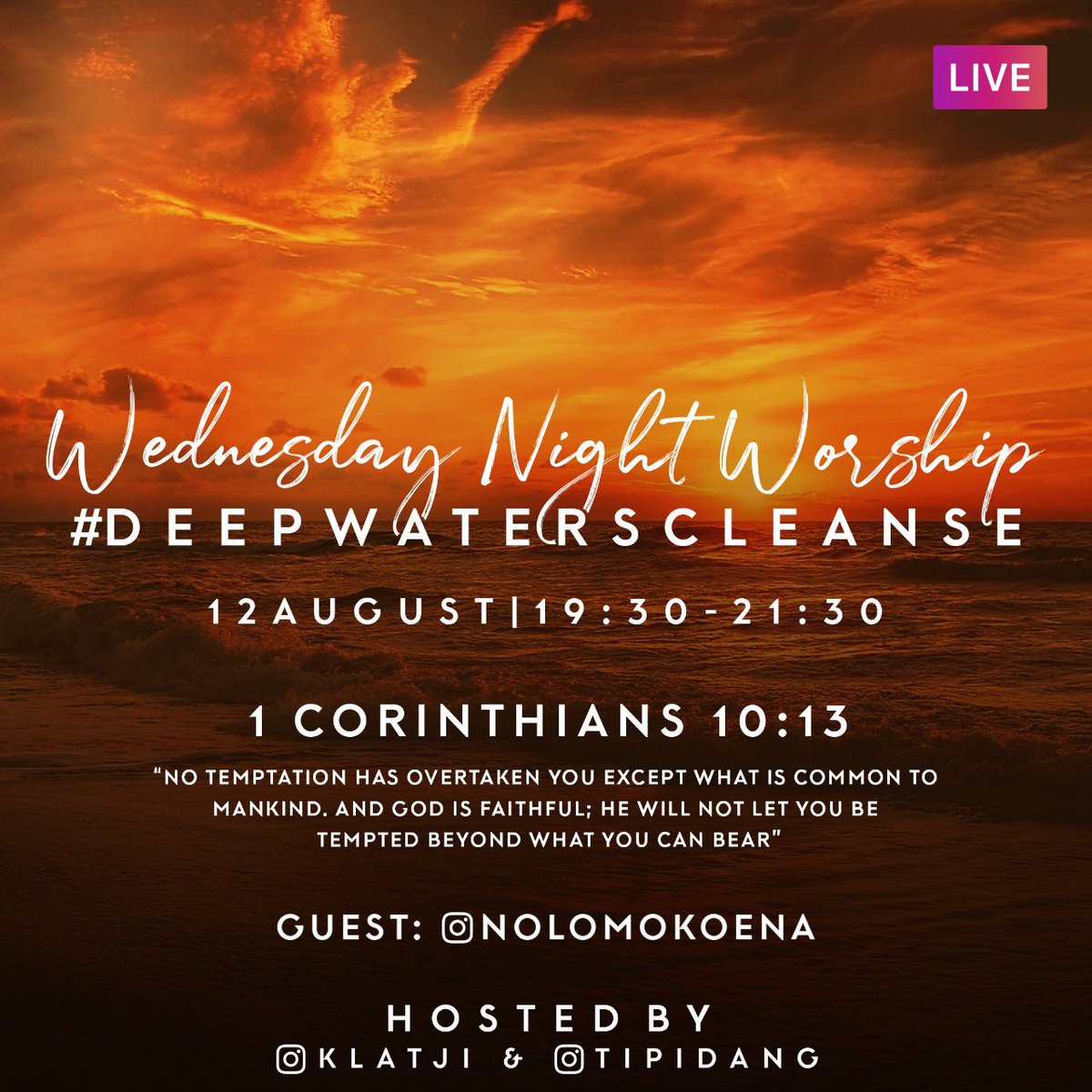 KMalatji's tweet photo. Back again tonight for Worship Wednesday with guest Nolo Mokoena.
#WorshipWednesday
#DeepWatersCleanse https://t.co/R5QkfoyDoF