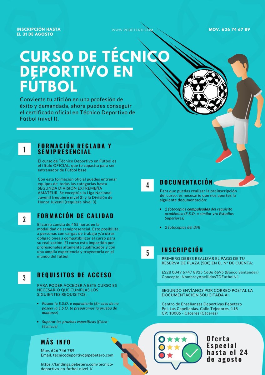 Abierto el plazo de inscripción de los cursos de TD y TDS en Fútbol para el curso académico 2020-21
🎯9 años de experiencia en la formación de TD
📝Impartición de 28 cursos de N1, 20 de N2 y 6 de N3
🔎INFO en pebetero.com y tdfutbol@pebetero.com
 ☎️626746789-927245524