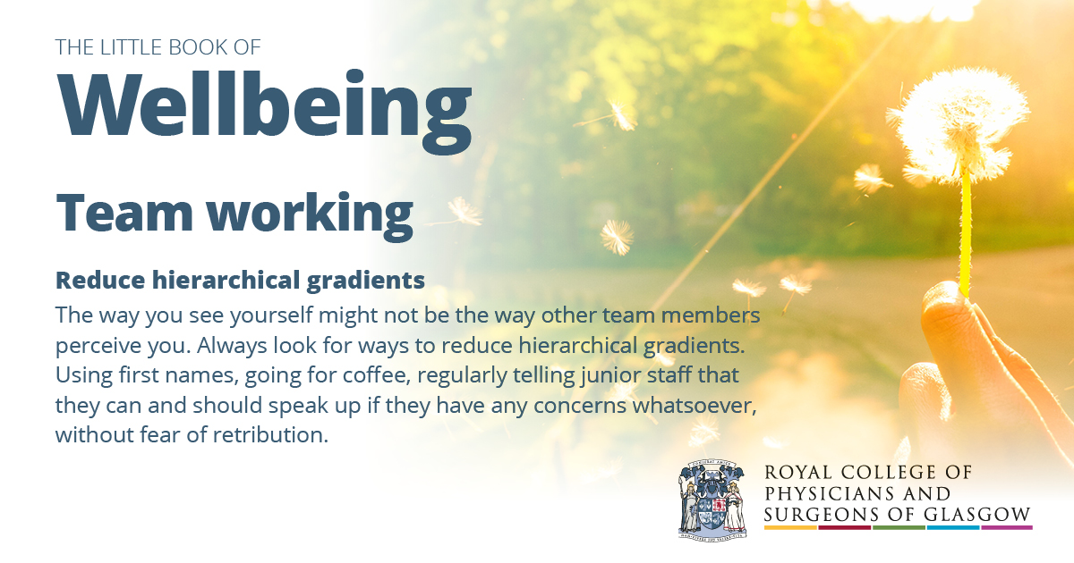 Minimising workplace hierarchies can not only engender a more positive team environment, but can also reduce bureaucracy and decision making times.  If improvements can be made - make them.

ow.ly/yQu850AXdru

#WellbeingWednesday #LittleBookOfWellbeing