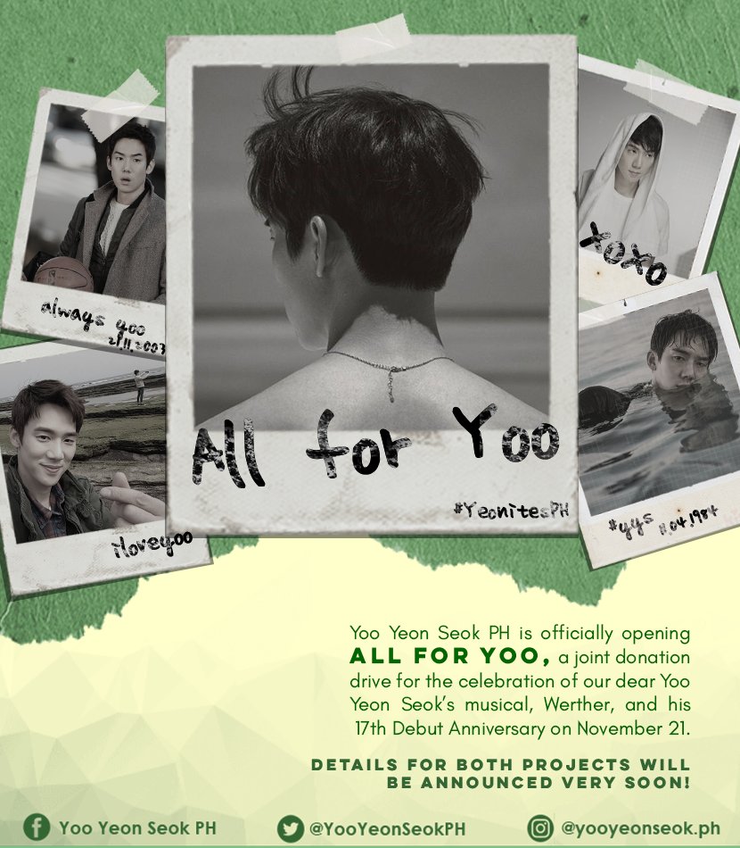 Donate and spread the word! And thank YOO for helping this project push through For completed donations, please send your proof of transaction via http://tinyurl.com/AllForYoo For any clarifications, please message us on any of our socials or email us at foryooyeonseok@gmail.com