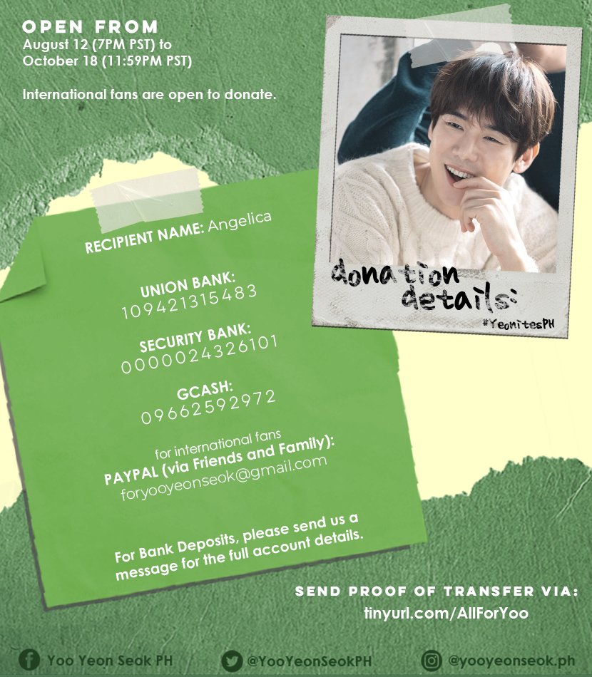 Donate and spread the word! And thank YOO for helping this project push through For completed donations, please send your proof of transaction via http://tinyurl.com/AllForYoo For any clarifications, please message us on any of our socials or email us at foryooyeonseok@gmail.com