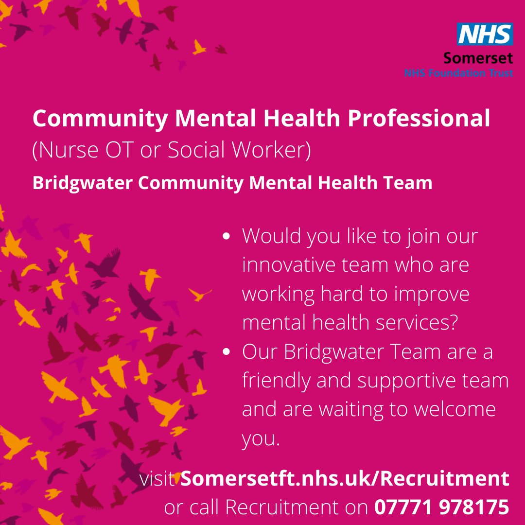 Exciting opportunity in #Bridgwater to work at the heart of our community mental health service. ❤️

Regardless of where you are in your career, we are confident that we can offer opportunities for you to develop your clinical skills and knowledge.

👉buff.ly/2FhxAzX👈