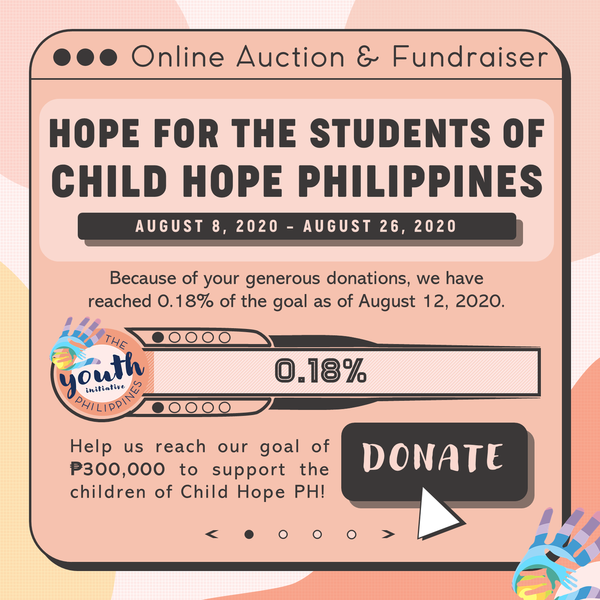 YI_2020's tweet photo. As of today, we have reached 0.18% of our goal! Help us provide gadgets and materials for the students of Child Hope and UP Ugnayan ng Pahinungod. View ouf FB page for more details! #TYI_ph #HopeForChildHope https://t.co/SoPibyneNL