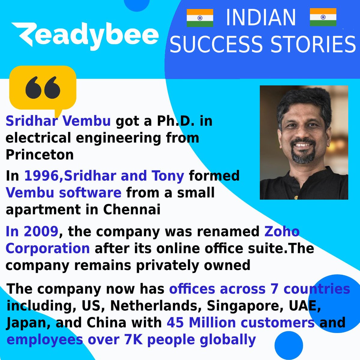 readybeeOnline's tweet photo. Story of Zoho Corporation which was earlier started as Vembu software
Follow our page for more Indian Success Stories
#readybee #india #successstories https://t.co/3oRTybairt