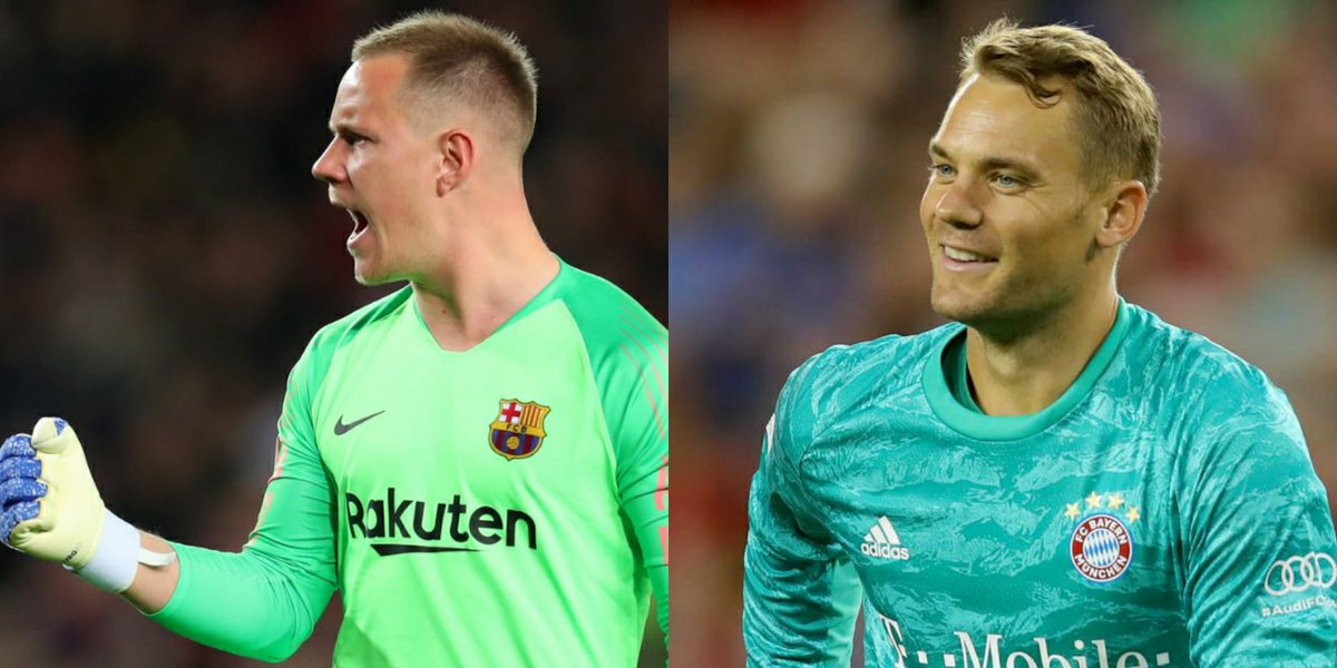 Gol's tweet photo. 🚨 ¡DUELO DE PORTEROS!

🧤 En su mejor momento, ¿qué portero es mejor?

🔁 RT - Ter Stegen
❤️ FAV - Neuer

📆 Mañana a las 23h podrás ver el primer resumen del FC Bayern-Barça en #DirectoGolChampions https://t.co/Zt7UNwyeql